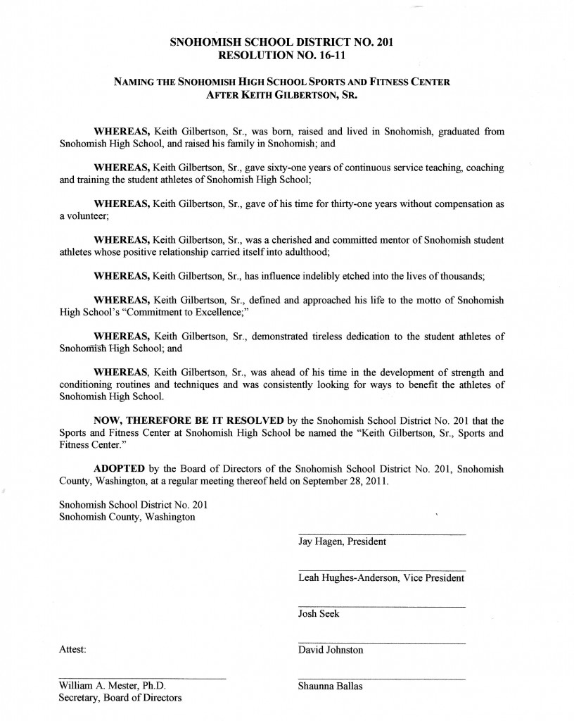 School board resolution naming the Gilbertson Sports and Fitness Center