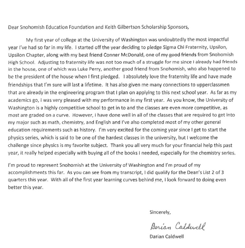 2013 Darian Caldwell Gilbertson scholarship renewal letter